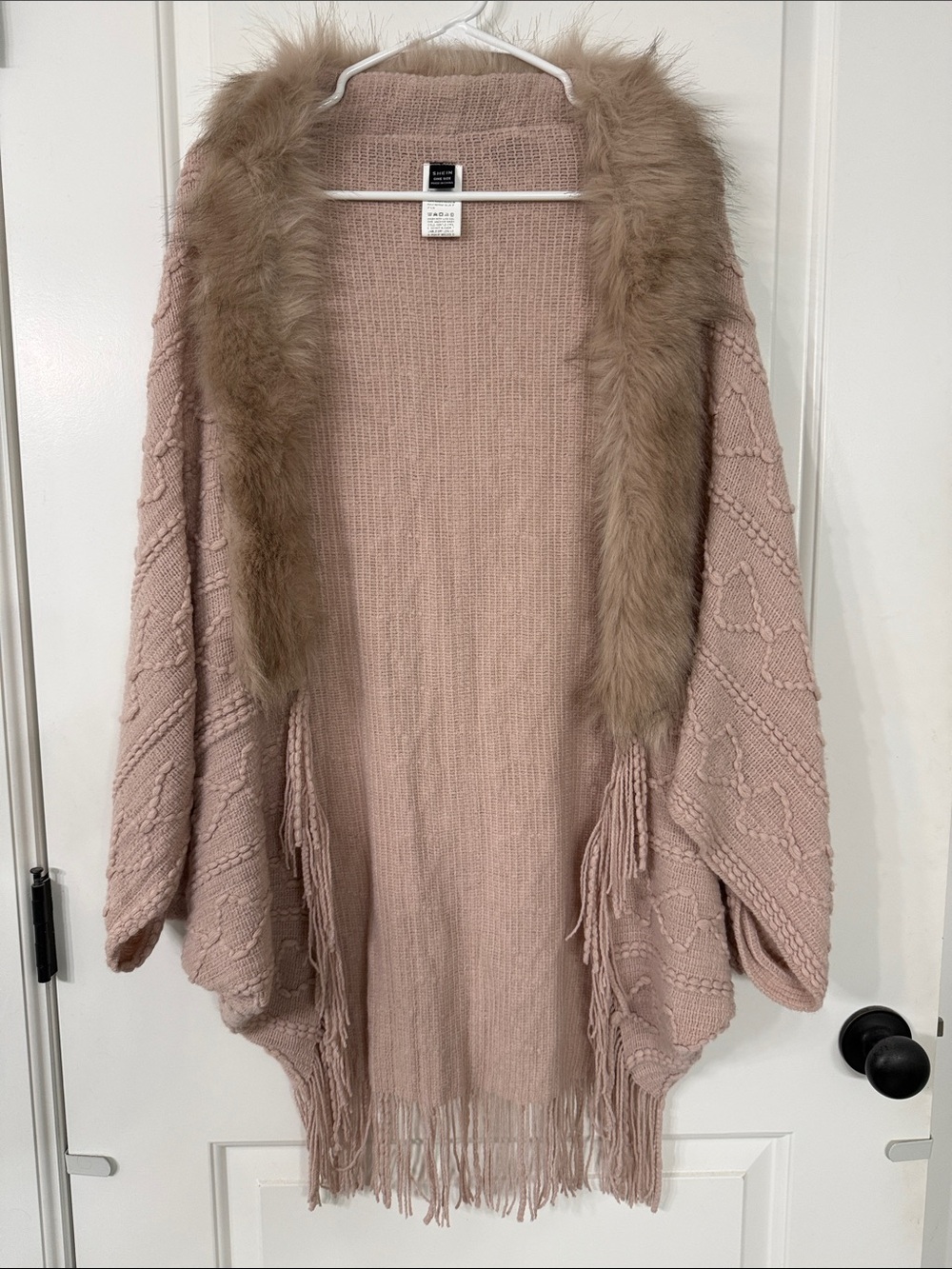 SHEIN Blush Pink Knit Shawl Cardigan with Faux Fur Trim